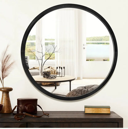 Natural wood frame on Libra Slim Mirror in modern bathroom in black