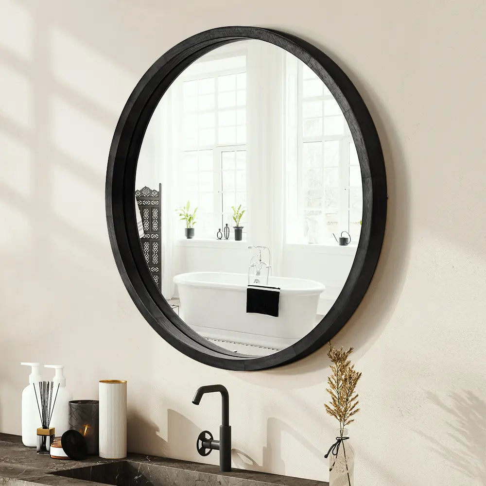 Libra Slim Round Solid Wood Frame Wall Mirror in bathroom in black