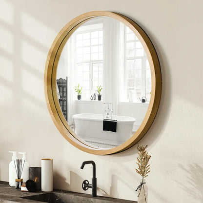 Libra Slim Round Solid Wood Frame Wall Mirror in bathroom