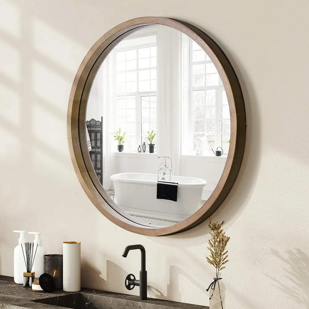 Libra Slim Round Solid Wood Frame Wall Mirror in bathroom in natural wood finish