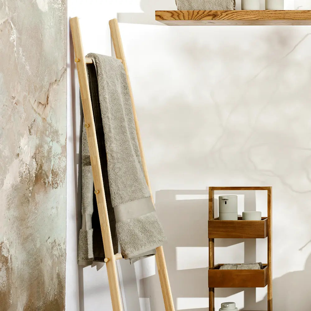 Close-up of Seth Wooden Towel Ladder showing natural wood finish