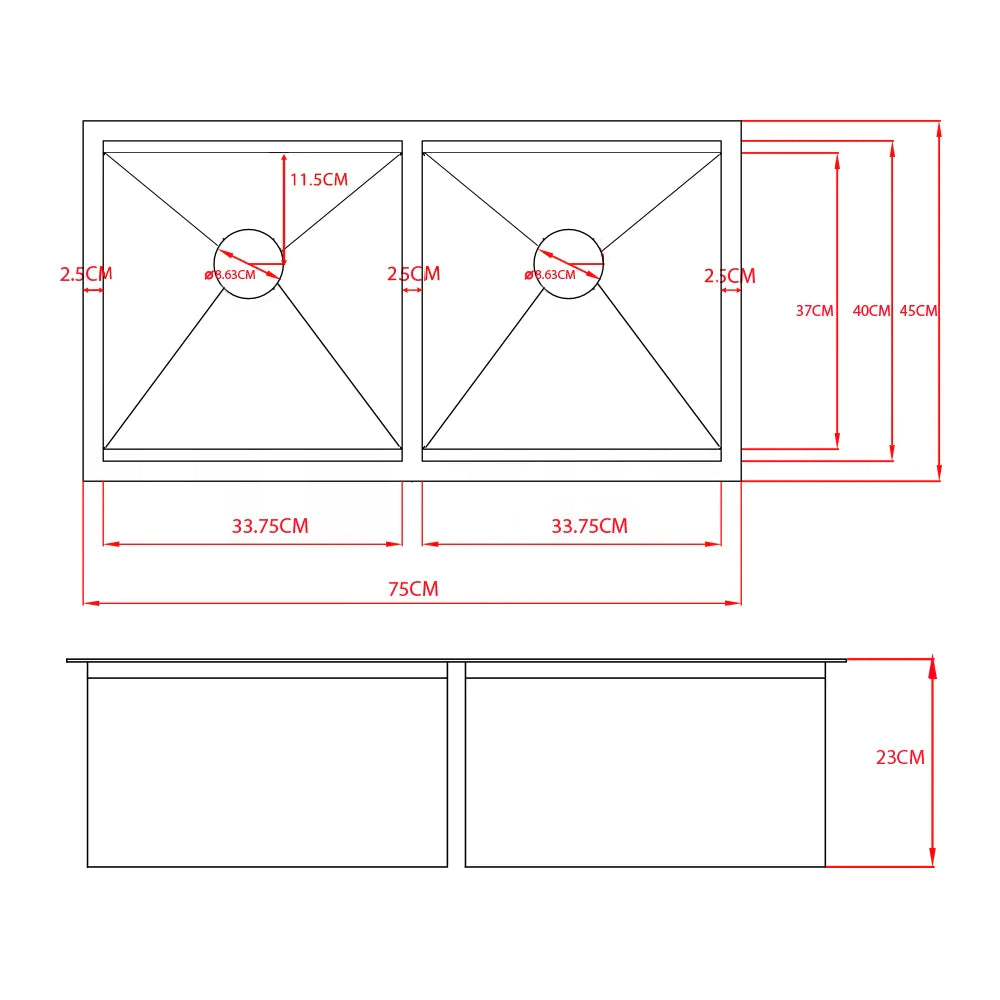 Sima-X 750x450mm double bowl kitchen sink dimensions