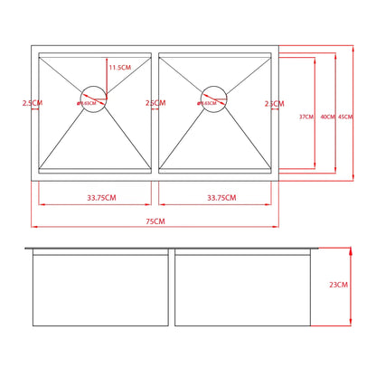 Sima-X 750x450mm double bowl kitchen sink dimensions