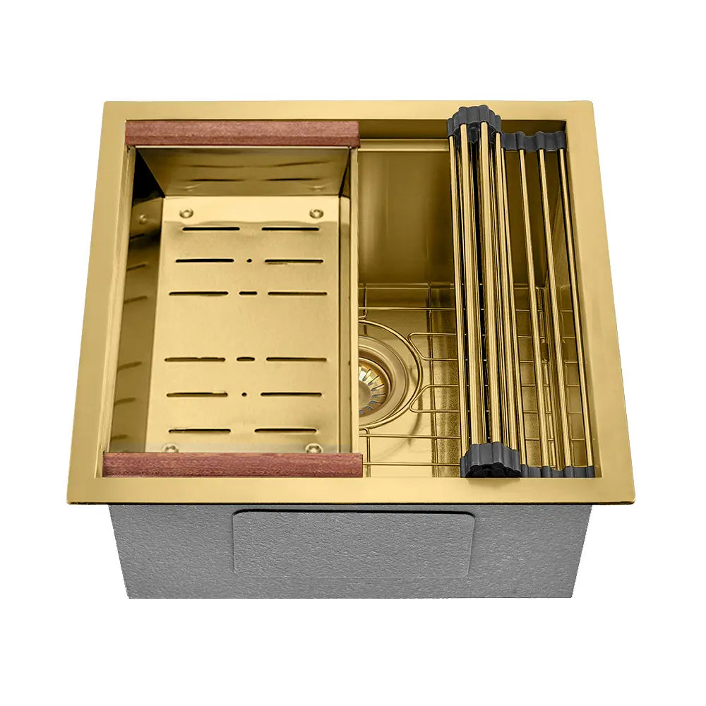 Sima-X 450x450mm single bowl kitchen sink with 6-piece accessory set in gold