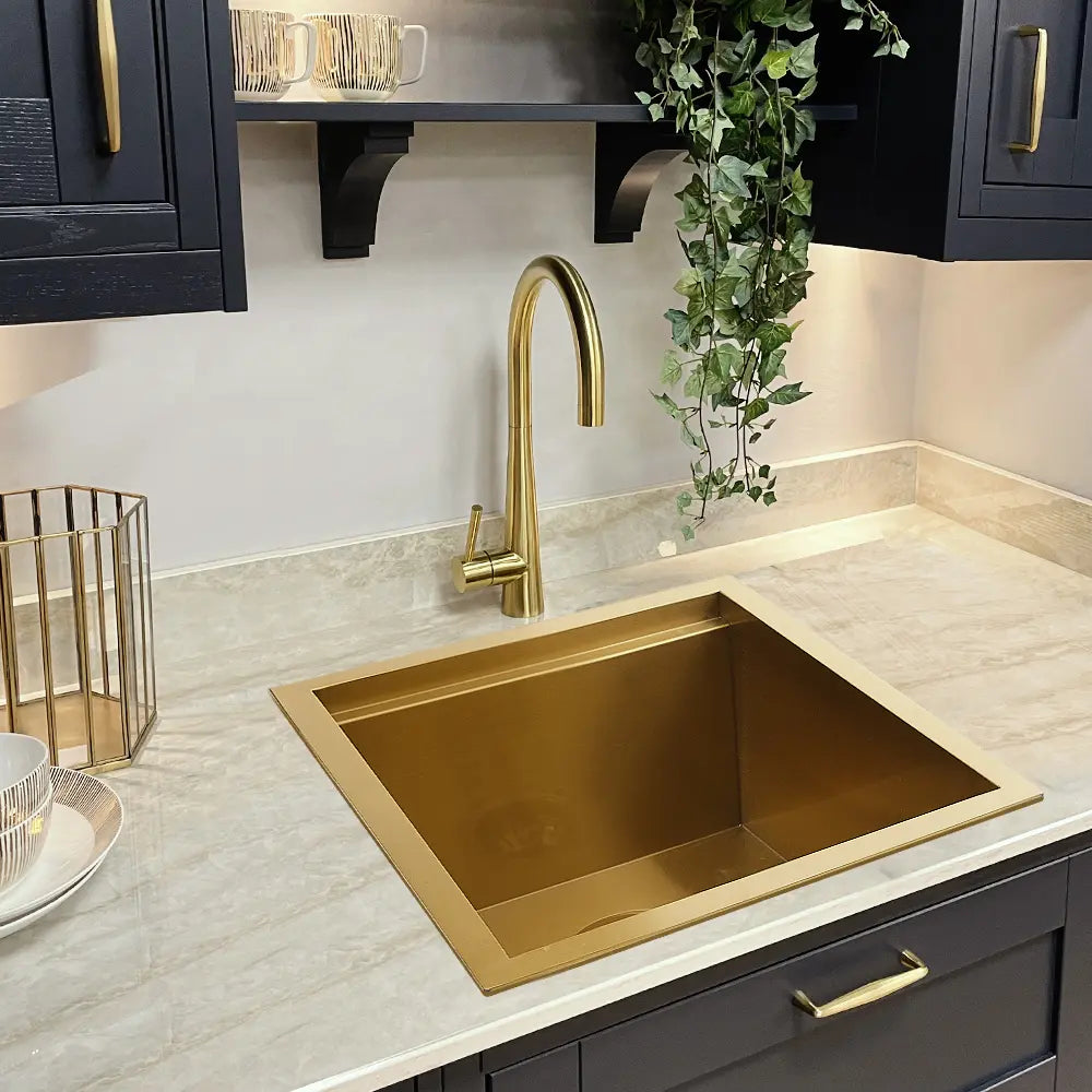 Sima-X single bowl kitchen sink in kitchen in color gold