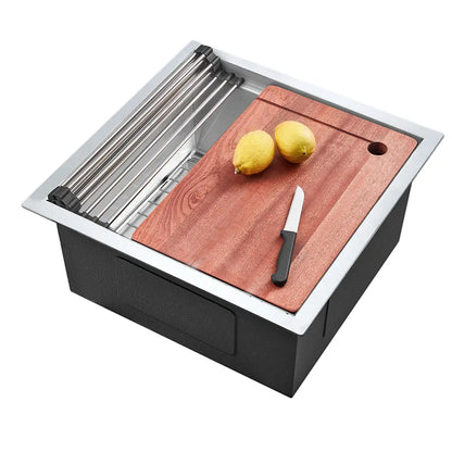 Compact Sima-X single bowl sink workstation with drying rack and cutting board and lemon