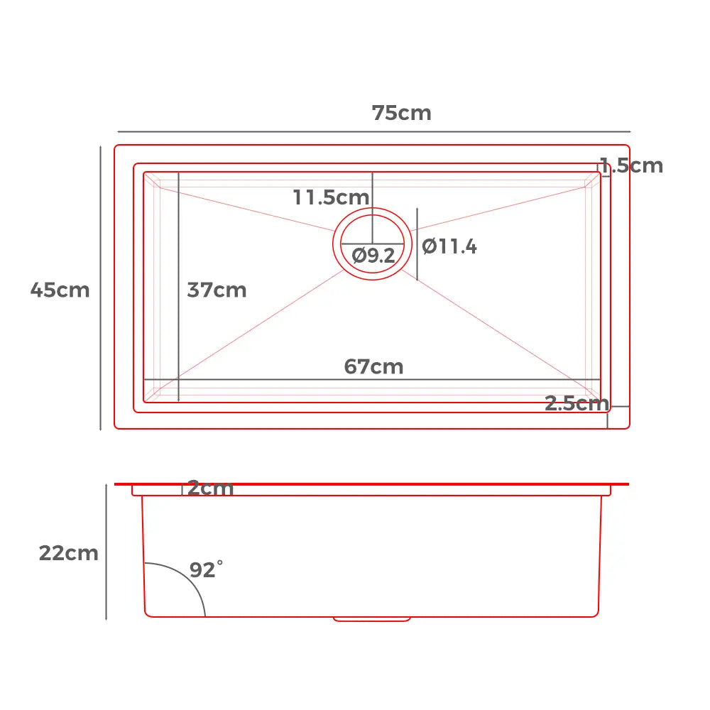 Sima-Plus 750x450mm single bowl kitchen sink with dimesions