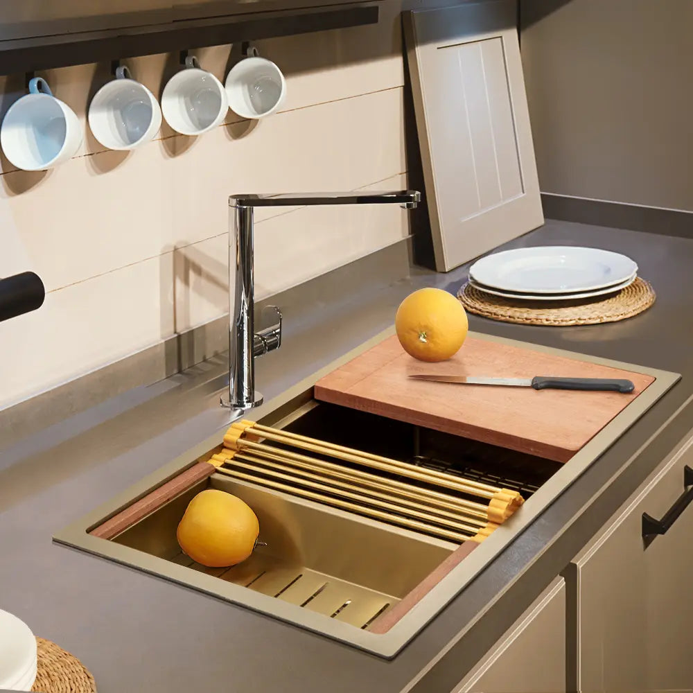 Sima-Plus single bowl sink workstation with drying rack and cutting board in gold